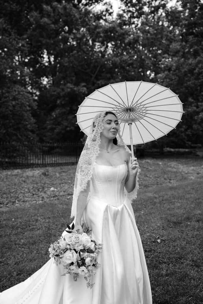 bride with vintage mantilla veil and parasol umbrella, st. louis wedding photographer