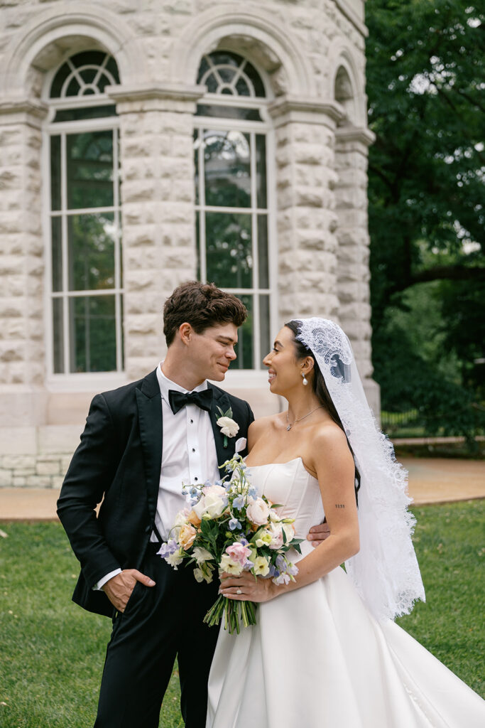 bride and groom st. louis spring wedding at missouri botanical gardens