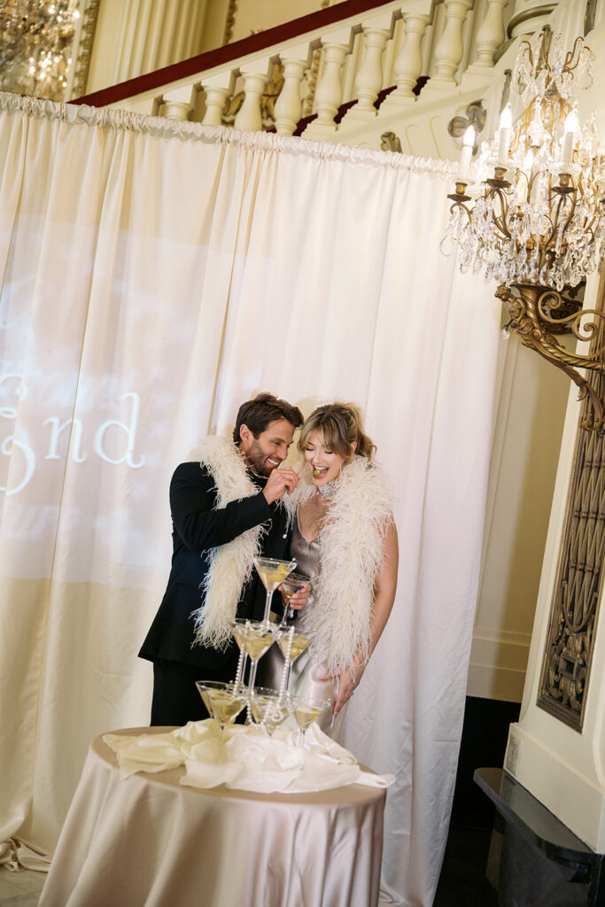 vintage wedding aesthetic with feather shawl, st. louis symphony wedding, martini tower