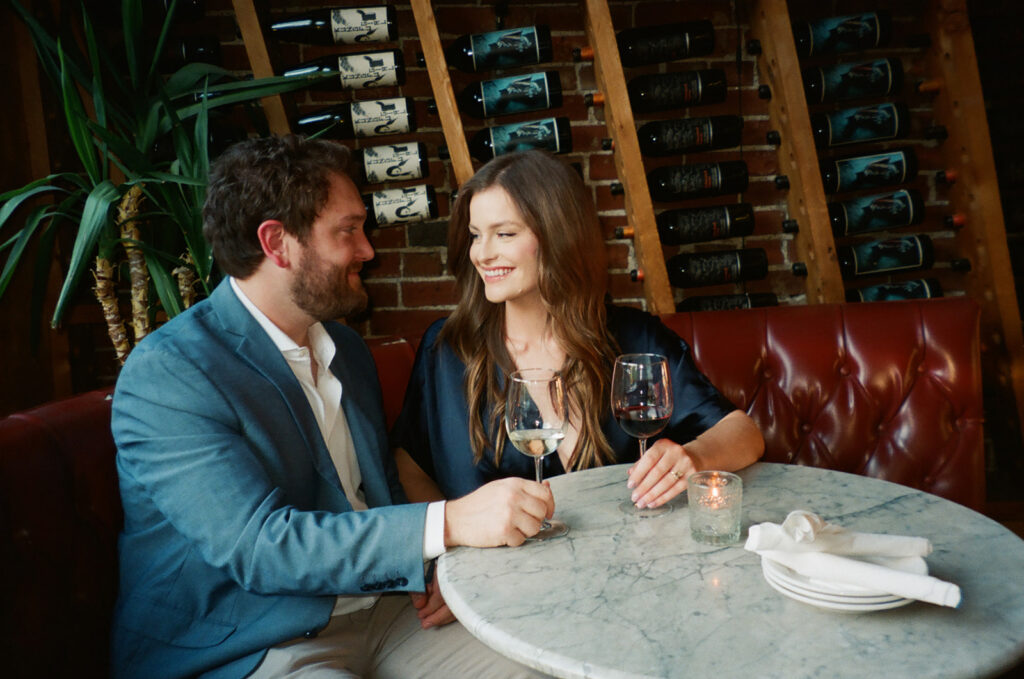 st. louis film photographer, engagement session in st. louis at wine bar