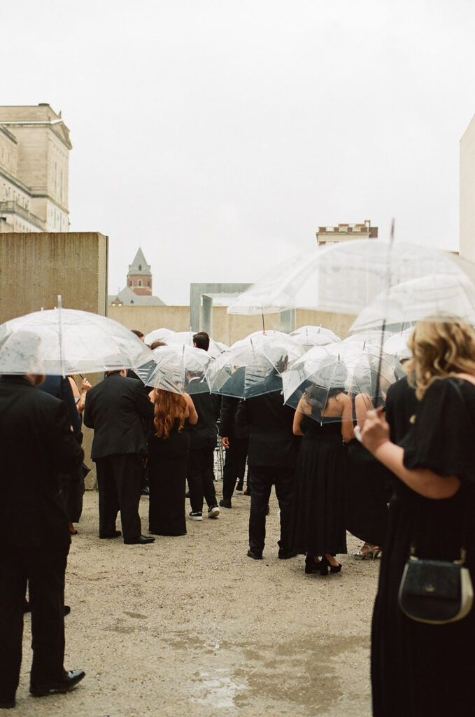 rainy wedding day on film, wedding at the contemporary art museum st. louis